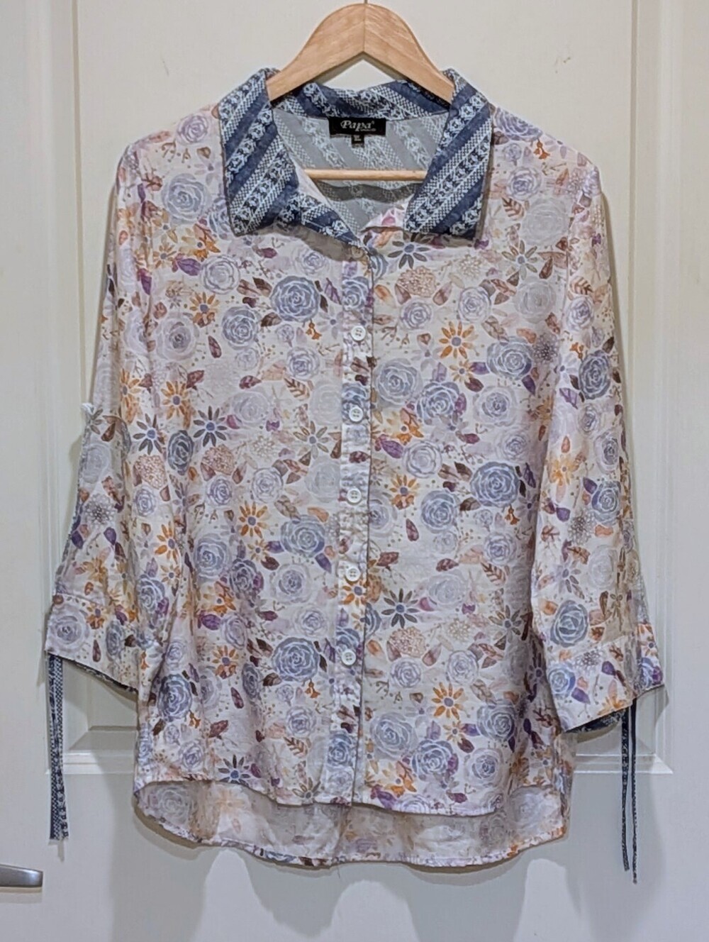 GUC Papa Vancouver XL Floral Print Rayon Blend Blouse with Blue Contrast Panel